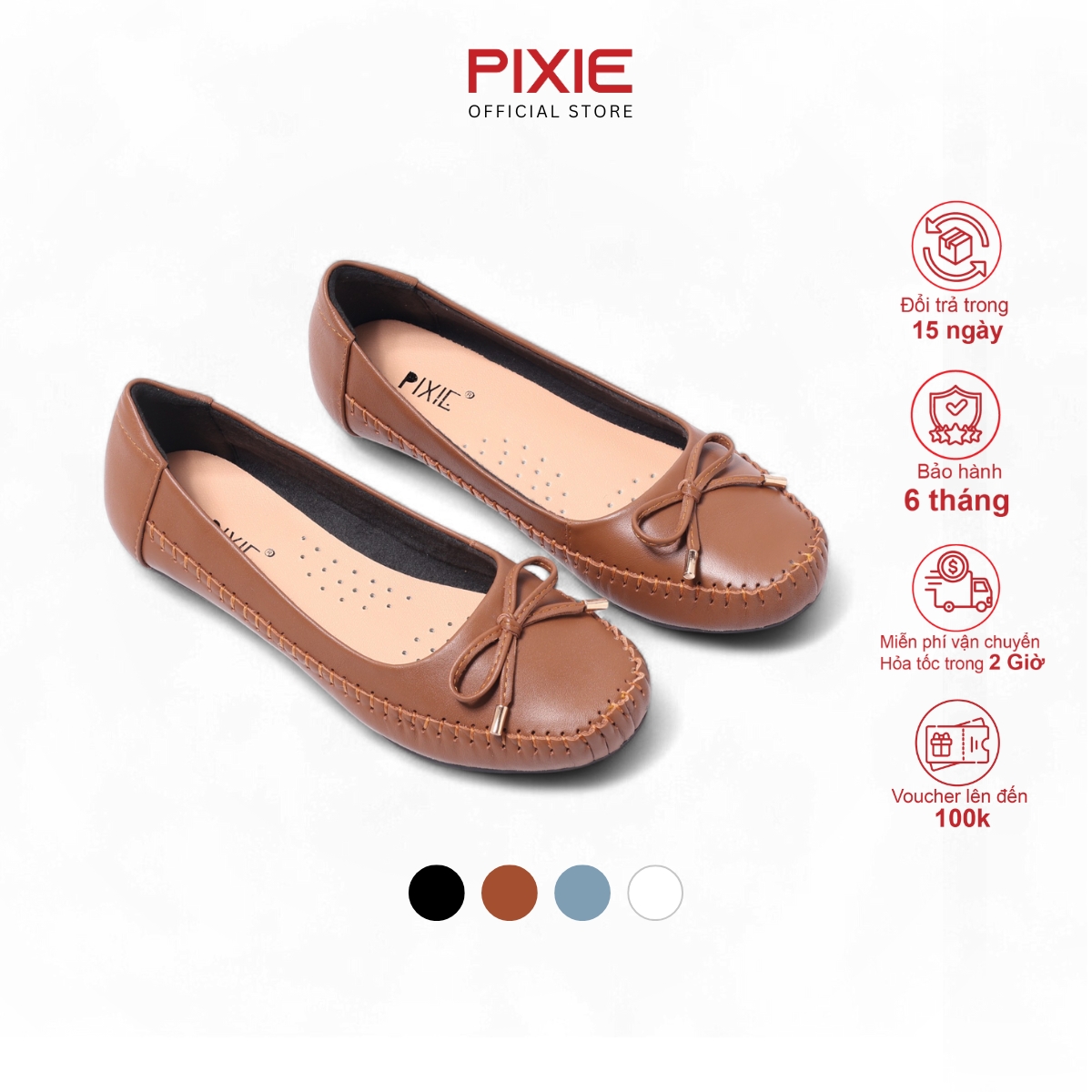 Giày Búp Bê Bệt Da Bò Thật Siêu Êm Gắn Nơ Nhỏ Pixie X603