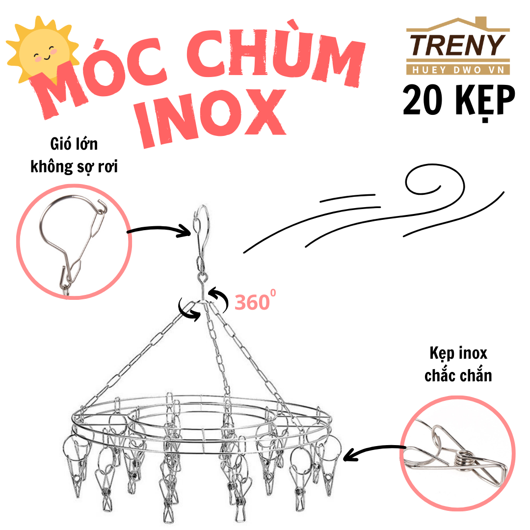 Móc phơi đồ - 20 kẹp, móc treo đồ, móc chùm, móc inox móc treo được làm bằng chất liệu thép không gỉ thích hợp sử dụng ngoài trời, phơi các đồ nhỏ, kẹp chắc chắn không. sợ rơi khi gió lớn