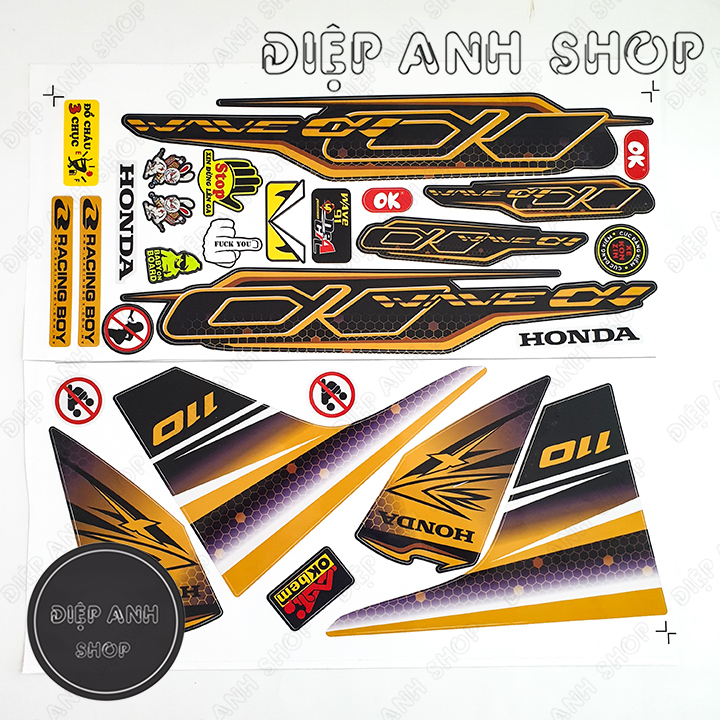 Tem rời Wave Alpha 110 Đen Chỉ Cam  ( Đời 2017 - 2020) Mẫu Mới Nhất 2020 - Tem dán xe máy 3 lớp chống phai màu