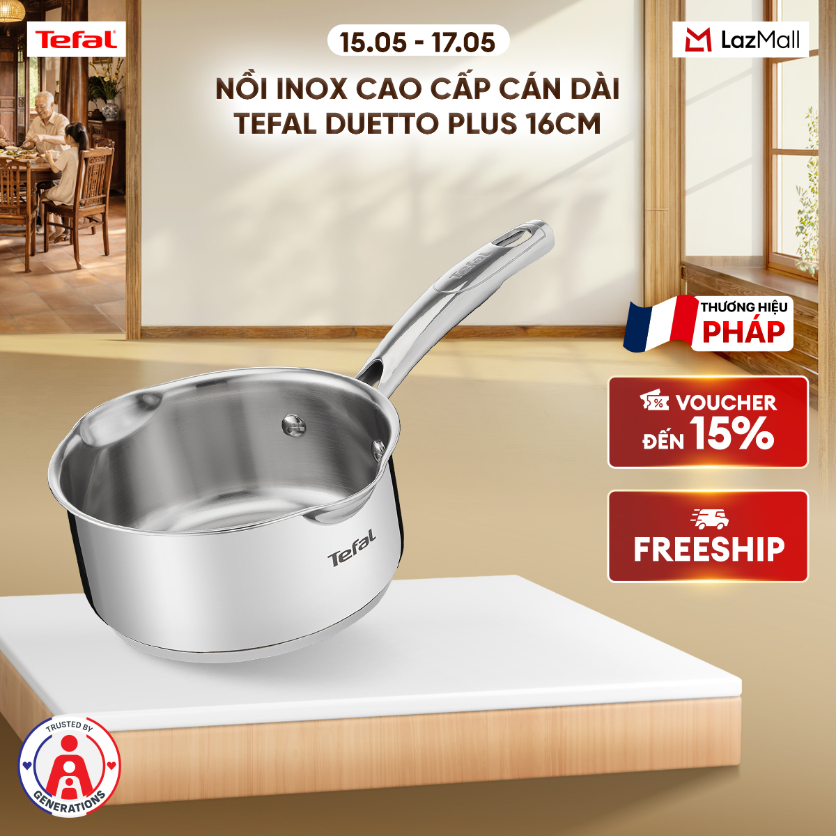 Nồi Inox cao cấp cán dài Tefal Duetto Plus, 16cm