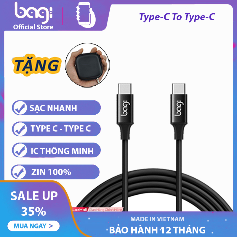 Cáp 2 đầu type-c-to-type-c cao cấp bagi,sạc nhanh,truyền dữ liêu nhanh tiêu chuẩn châu âu mã pd-c100