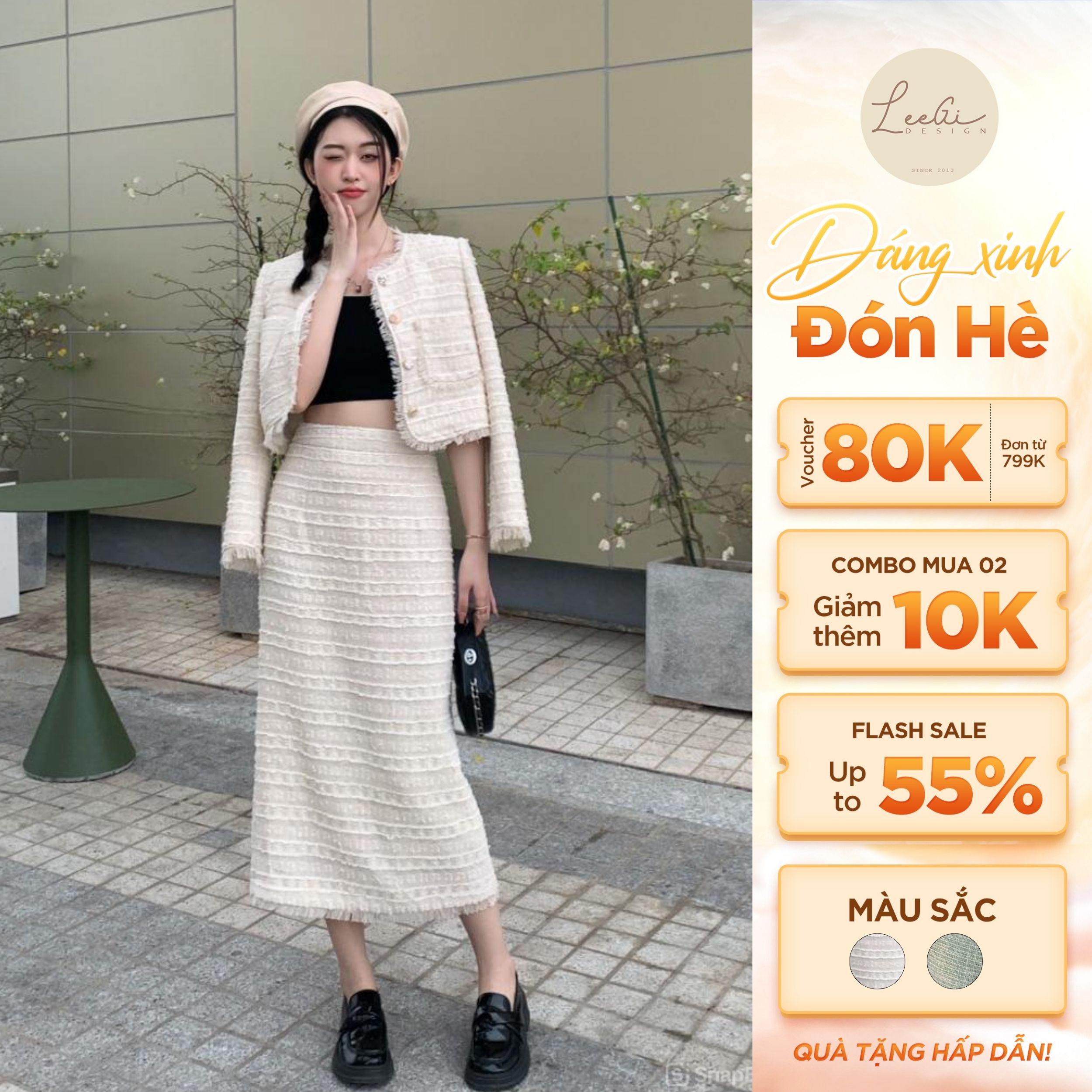 Set dạ tweed tua rua phối chân váy kem/ xanh nữ Leegi Design Min7038 Min7035