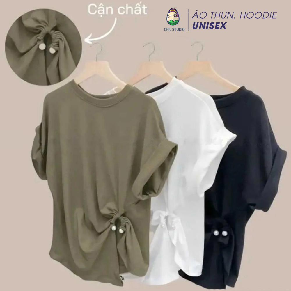 Áo thun nữ Chil Studio áo thun trơn cổ tròn tay hến nhún eo mix ngọc xẻ tà xinh xắn