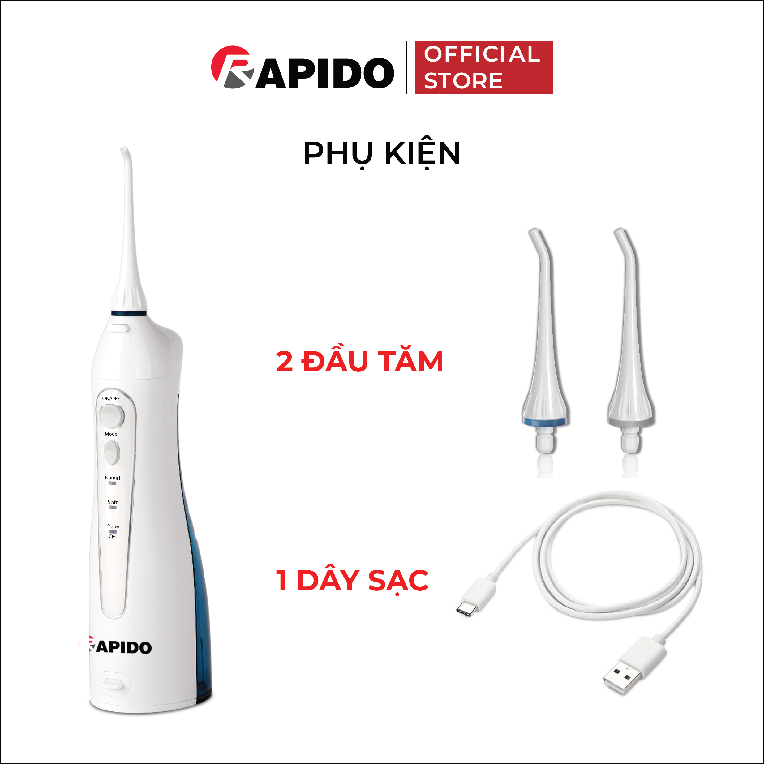 Tăm nước cầm tay Rapido RWB150 3 chế độ áp lực nước, tặng kèm 2 đầu tăm thay thế, hàng chính hãng, bảo hành 12 tháng