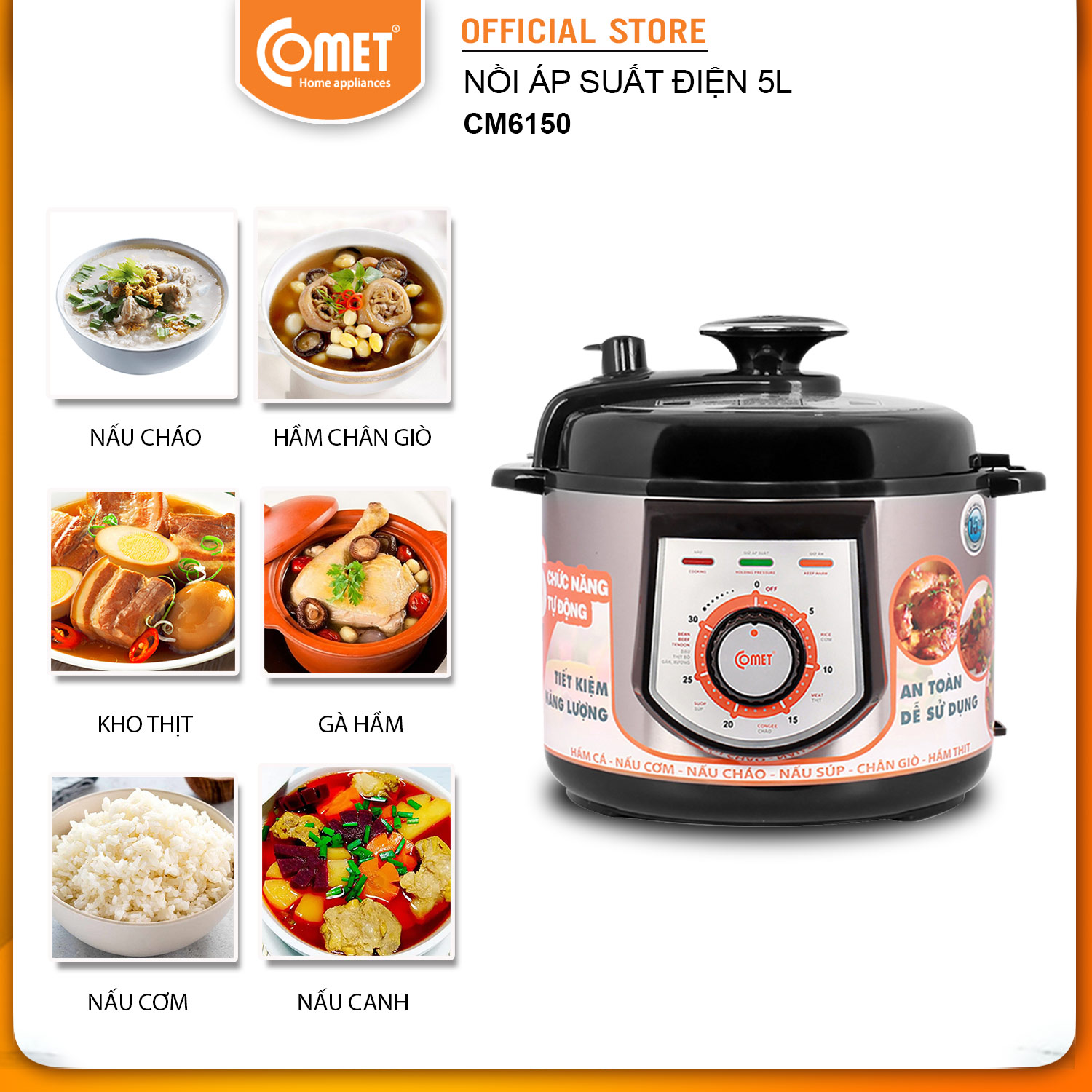 Nồi áp suất điện đa năng nắp rời 5.0l comet - cm6150 - hàng chính hãng - bảo hành 12 tháng