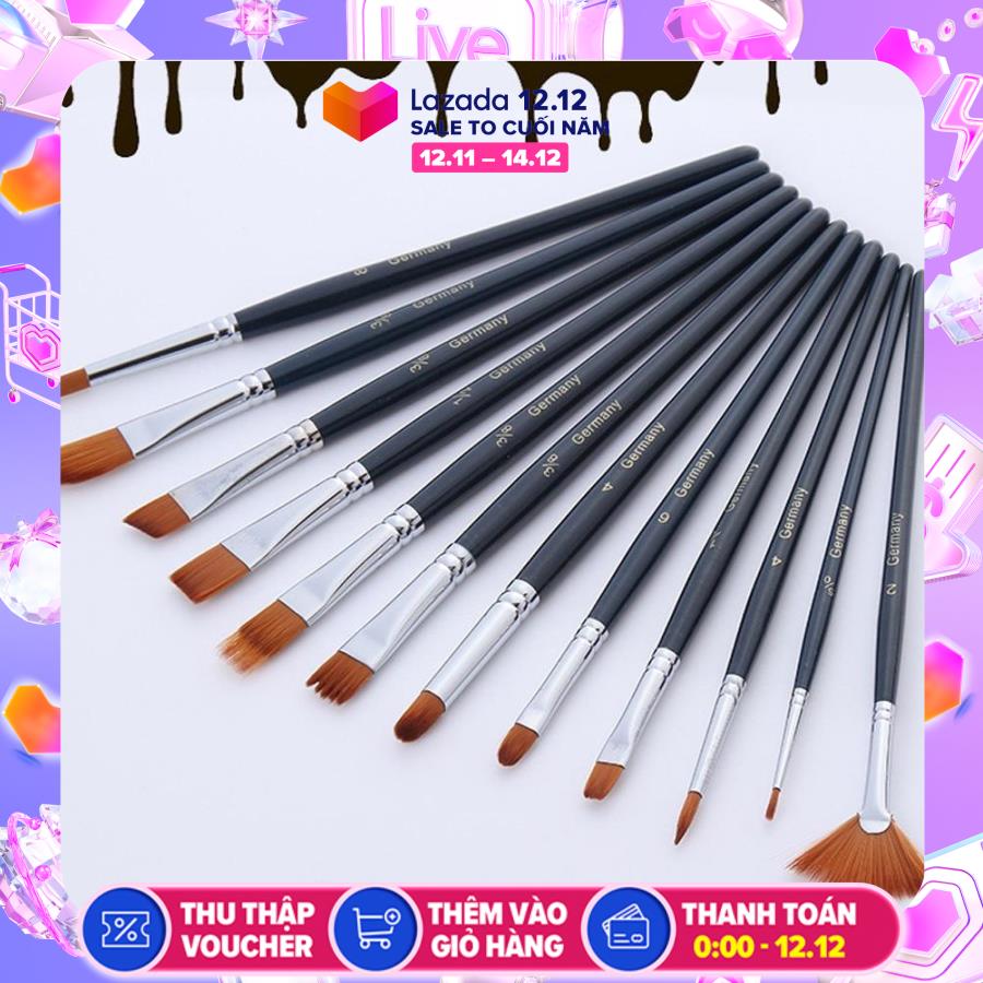 Bộ 12 Cọ Vẽ Cao Cấp cho Tranh Sơn Dầu, Màu Nước, Hóa Trang