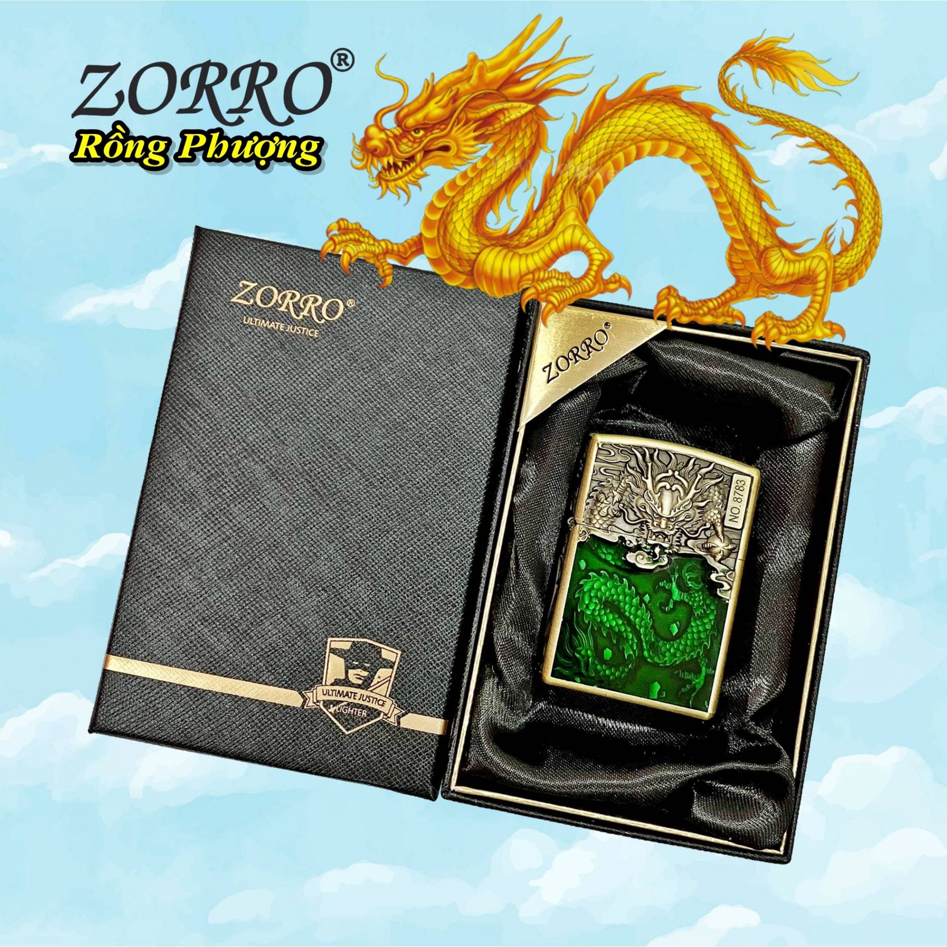 BẬT LỬA ZIPPO ZORRO HÌNH RỒNG PHƯỢNG DẬP NỔI 6 MẶT (FULLBOX) - (XÀI XĂNG) #BẠC