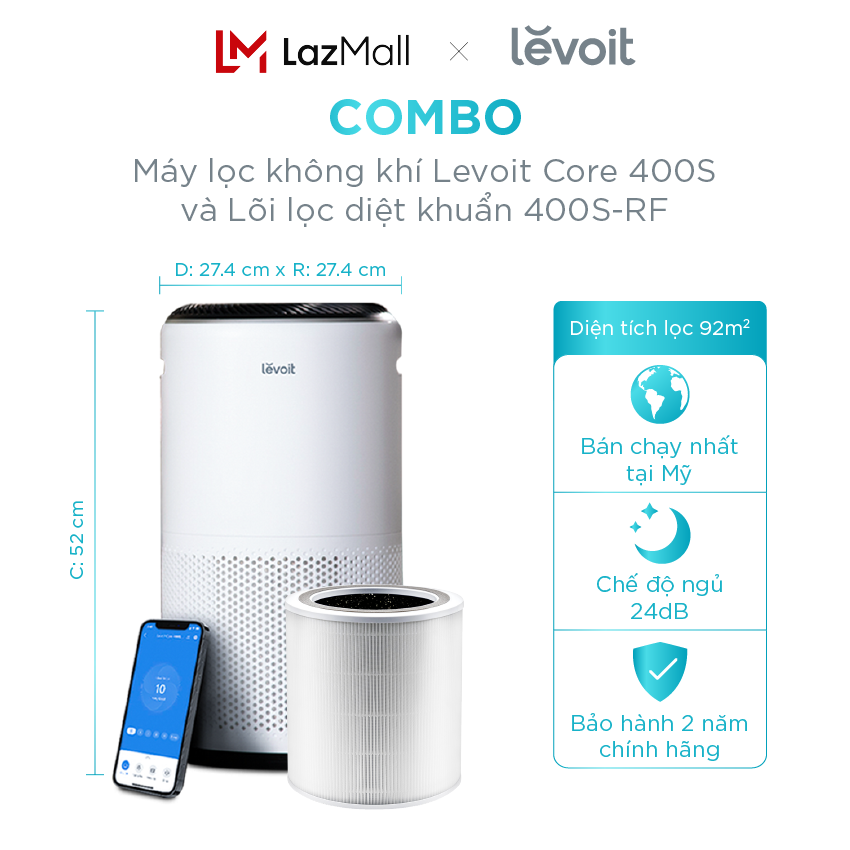 Máy lọc không khí - combo máy lọc không khí levoit core 400s 92m2 bộ lọc hepa h13 và lõi lọc diệt khuẩn cho máy lọc không khí levoit core 400s rf lọc bụi mịn - lọc kháng khuẩn - kết nối