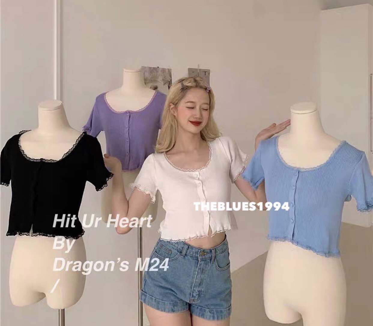 Áo croptop nút viền ren siêu xinh