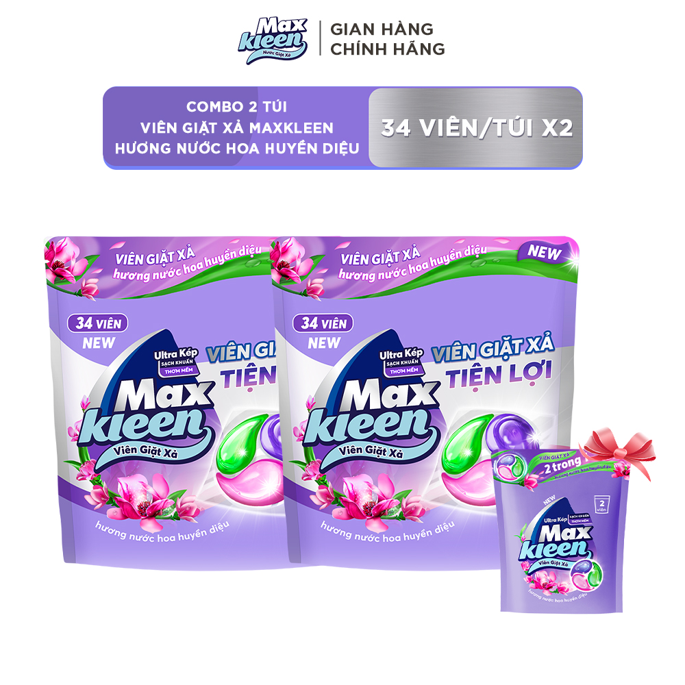 Combo 2 Túi Viên Giặt Xả MaxKleen  Hương Nước Hoa Huyền Diệu (Túi 34 Viên)
