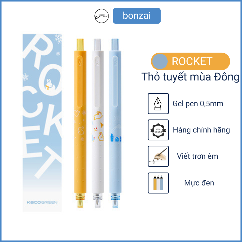 Bộ 3 bút Kaco Rocket Thỏ Tuyết Mùa Đông mực đen ngòi 0,5mm
