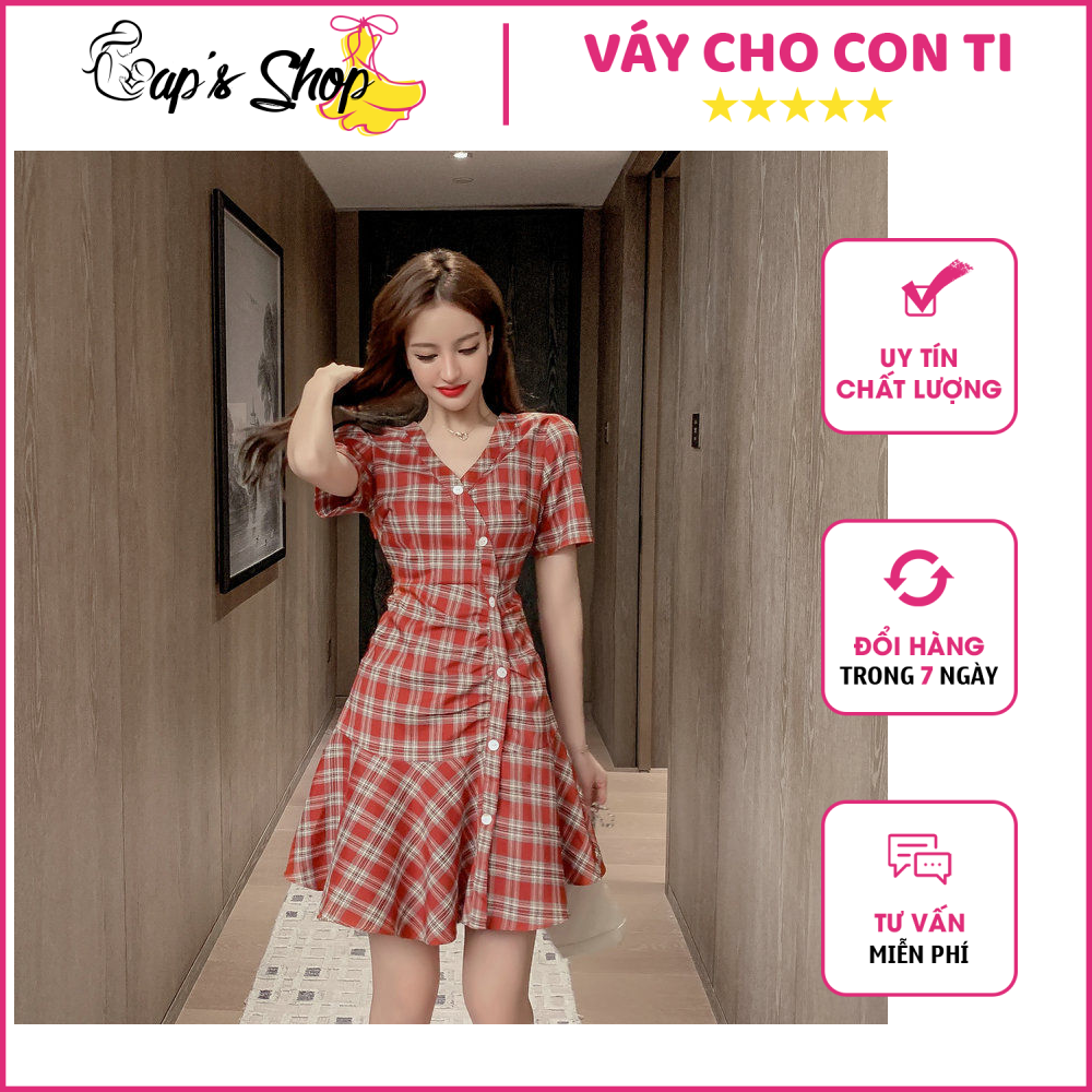 Váy cho con ti nhún eo, kẻ caro trẻ trung, lên dáng gọn, phù hợp mẹ sau sinh cho con bú