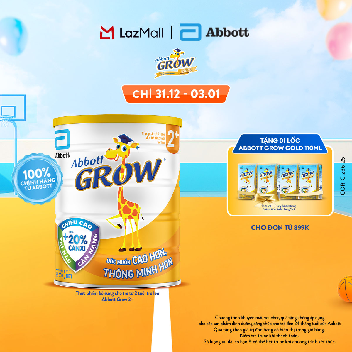 CHỈ 31.12-03.01 QUÀ TẶNG CHO ĐH 899K-SLCH Lon sữa bột Abbott Grow 2+ 850g 800g