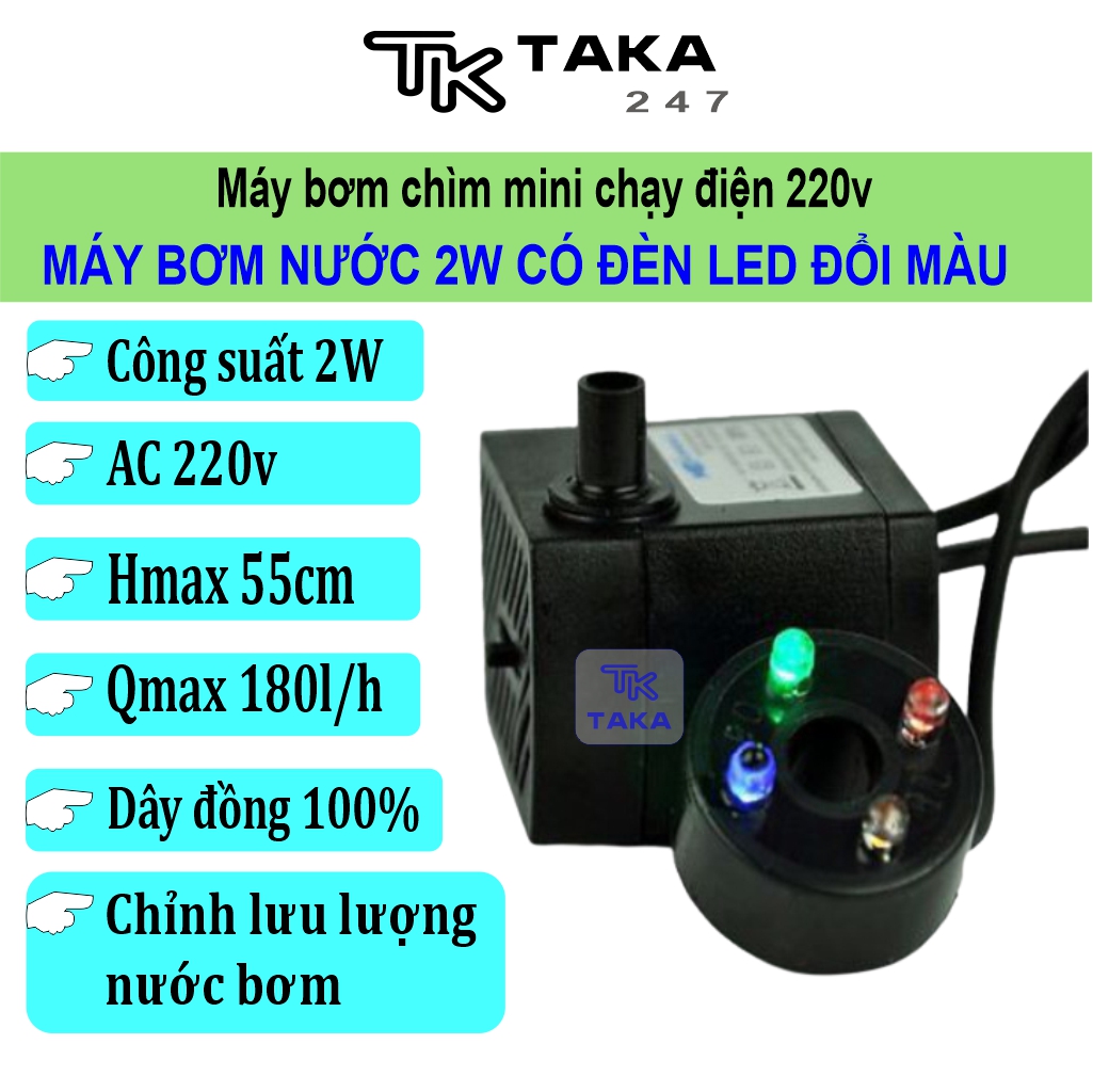Máy bơm chìm mini 2w có đèn dùng bơm nước trang trí tiểu cảnh, thác nước, hòn non bộ, thủy sinh