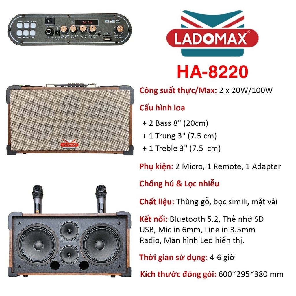 Loa Karaoke Xách Tay Ladomax Ha8220 Công Suất 100wBass 8inchMàn Hình Led Hiển ThịPin Dùng Liên Tục 68 GiờHỗ Trợ Đầy Đủ Cổng Kết Nối Bluetooth 5.0RadioUsbThẻ Nhớ SdLine In 3.5mmMic In 6 Mm