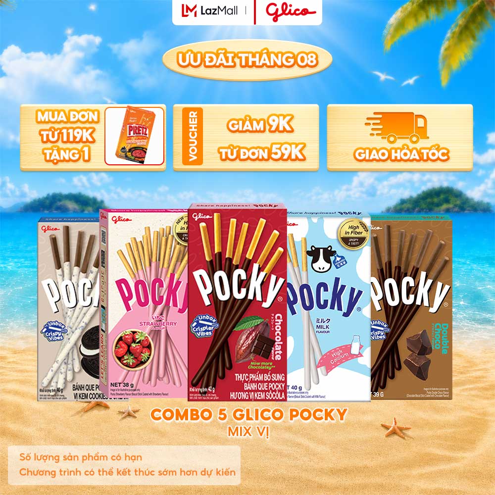 Combo 5 Hộp Mix Vị Bánh Que Phủ Kem Glico Pocky (00460 - 1 Socola_1 Dâu_1 Cookies  Cream_1 Sữa_1 Double Choco)