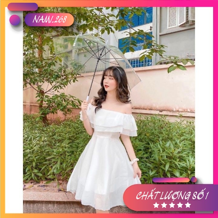 [ttt592] Váy Đầm Dự Tiệc Trễ Vai Màu Trắng Siêu Dễ Thương Phong Cách Công Chúa Chất Vải Mềm Mịn Không Nhăn