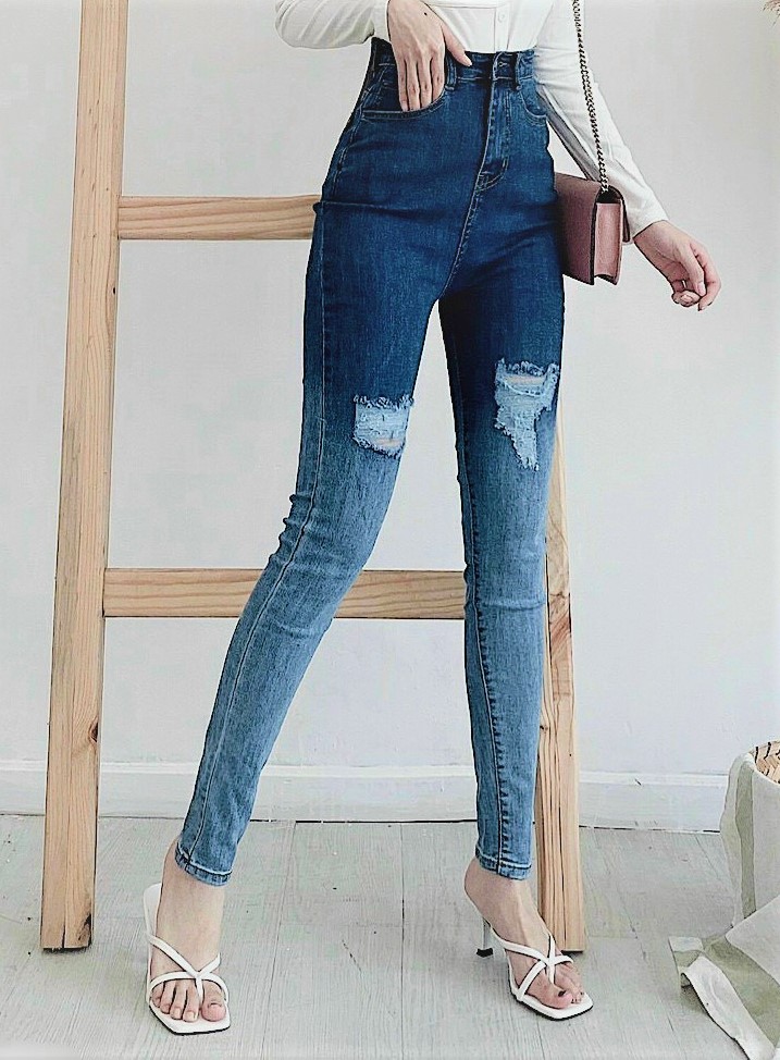 [ BIGSIZE ] Quần Jeans dài lưng cao, rách loang 2 màu co dãn mạnh
