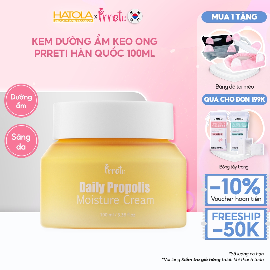 Kem dưỡng ẩm Prreti Daily Propolis phù hợp với mọi loại da, giúp dưỡng da căng bóng, mềm mịn tràn đầy sức sống với chiết xuất tự nhiên, lành tính, không gây kích ứng hộp 100ml HATOLA