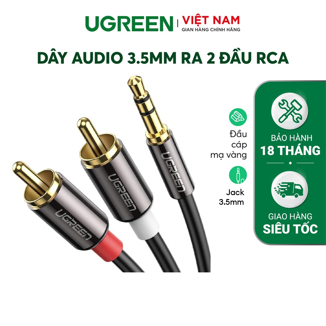 Dây Audio 3.5mm ra 2 đầu RCA (Hoa sen) UGREEN AV116 | Đầu nối mạ vàng 14K | Lõi cáp chế tạo từ đồng nguyên chất | Bảo Hành 18 Tháng 1 Đổi 1| 20779 10749 10583 10584 10590 10591 20780 60240 60241 60242.