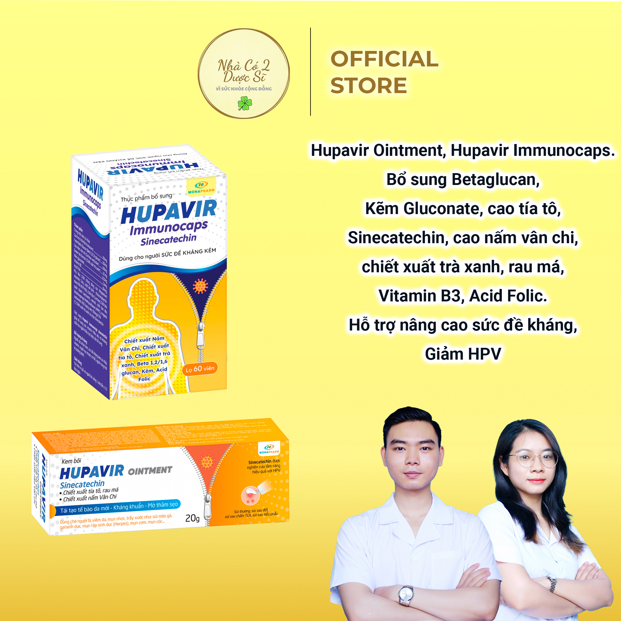 [Che tên] Bộ bôi uống sau đốt Sùi mào gà Hupavir Ointment 20g, uống Hupavir Immunocaps 60 viên tăng đề kháng, hỗ trợ giảm hpv, sùi mào gà