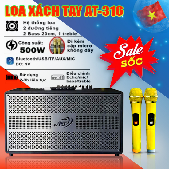 Hàng chính hãng | loa karaoke xách tay at-316 pro - 3 đường tiếng, 2 bass 20cm - 2 chung và 2 treble, công suất khủng, hệ thống loa 1 bass 25cm, 1 treble, tích hợp bluetooth 5.0 , usb, và cổng aux