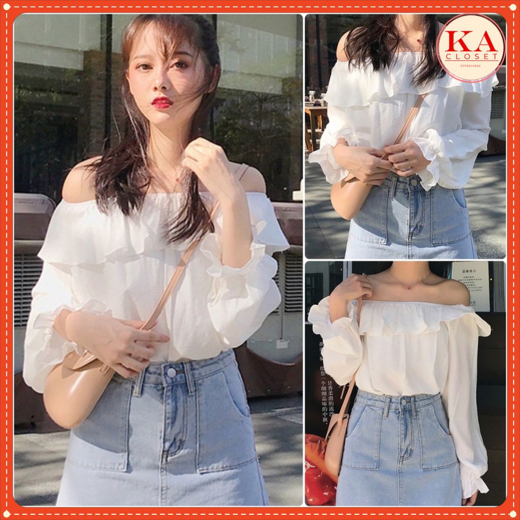Áo bánh bèo trễ vai tay chun KA Closet chất von lụa mềm mát mịn, from áo cực chuẩn hàng đẹp