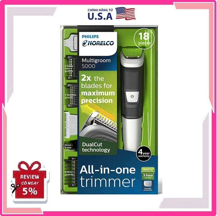 [US] Tông đơ Philips Norelco Multigroom 5000 | MG5750/49 Multigroom All-In-One đa năng, giúp cắt tỉa râu, tóc, lông mũi