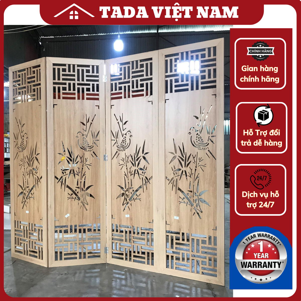 Vách bình phong ngăn phòng hoa Chim trúc truyền thống chất liệu gỗ MDF phủ Melamin cao cấp_TD959