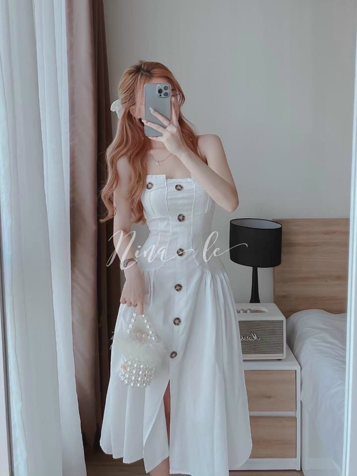 Đầm nữ 2 dây, đầm xẻ tà giữa hàng nút giữa vải lụa cực hot, xinh siêu quyến rũ