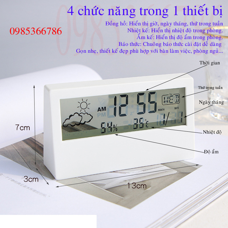 Đồng hồ hiển thị thời gian, nhiệt độ, độ ẩm, có chuông báo thức để bàn trong phòng