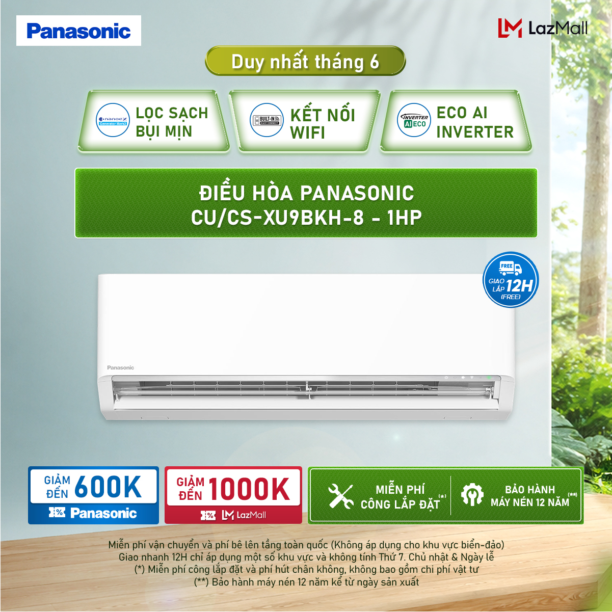[Trả góp 0%] Máy lạnh/Điều hòa Panasonic CU/CS-XU9BKH-8- Công suất 1HP - Một chiều - Eco AI - Lọc sạch không khí nanoeX - Kết nối wifi - Hàng chính hãng