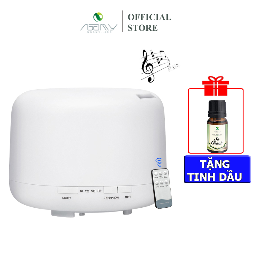 Máy xông tinh dầu phun sương tạo ẩm khuếch tán trụ trắng có điều khiển dung tích 500ml đèn led 7 màu bảo hành 6 tháng