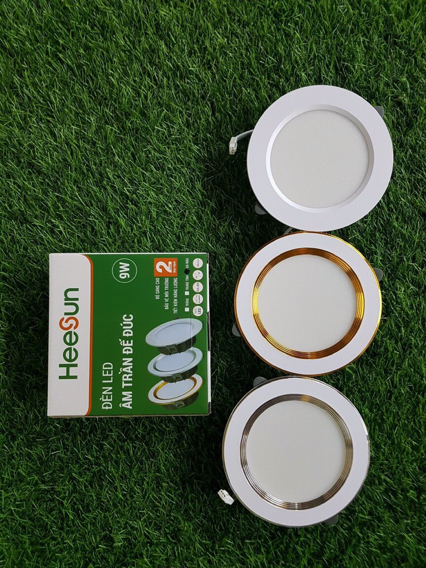 [SIÊU RẺ] Đèn âm trần, đèn led âm trần đế tản nhiệt Heesun 3 chế độ màu,7w phi 90, 9w phi 110 viền vàng bạc trắng BH 2 năm đổi mới