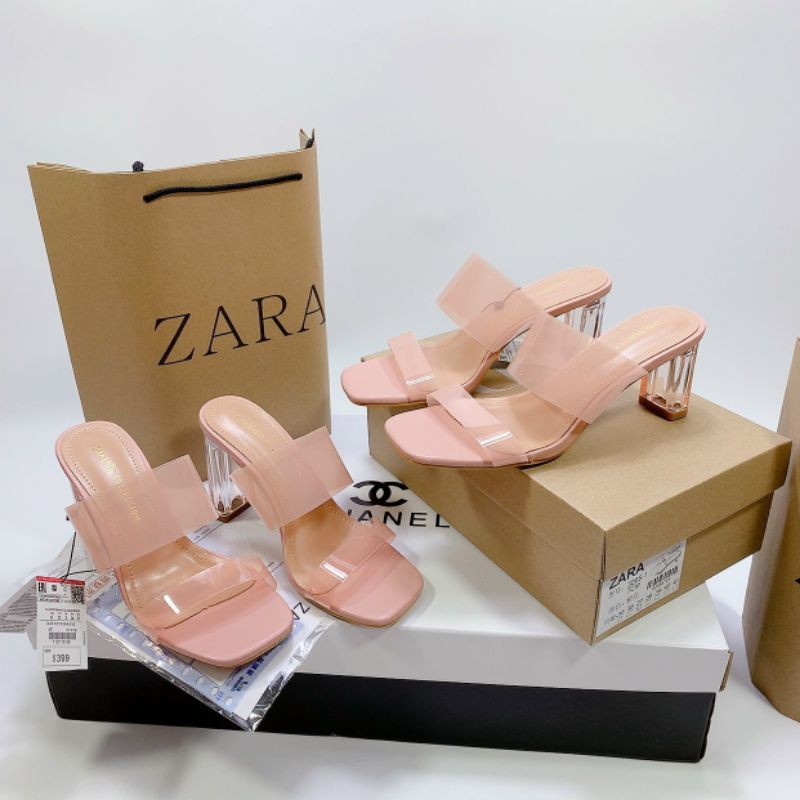 Guốc zara quai hồng trong mica gót trong 7p 9p mềm êm fullbox hãng cao cấp