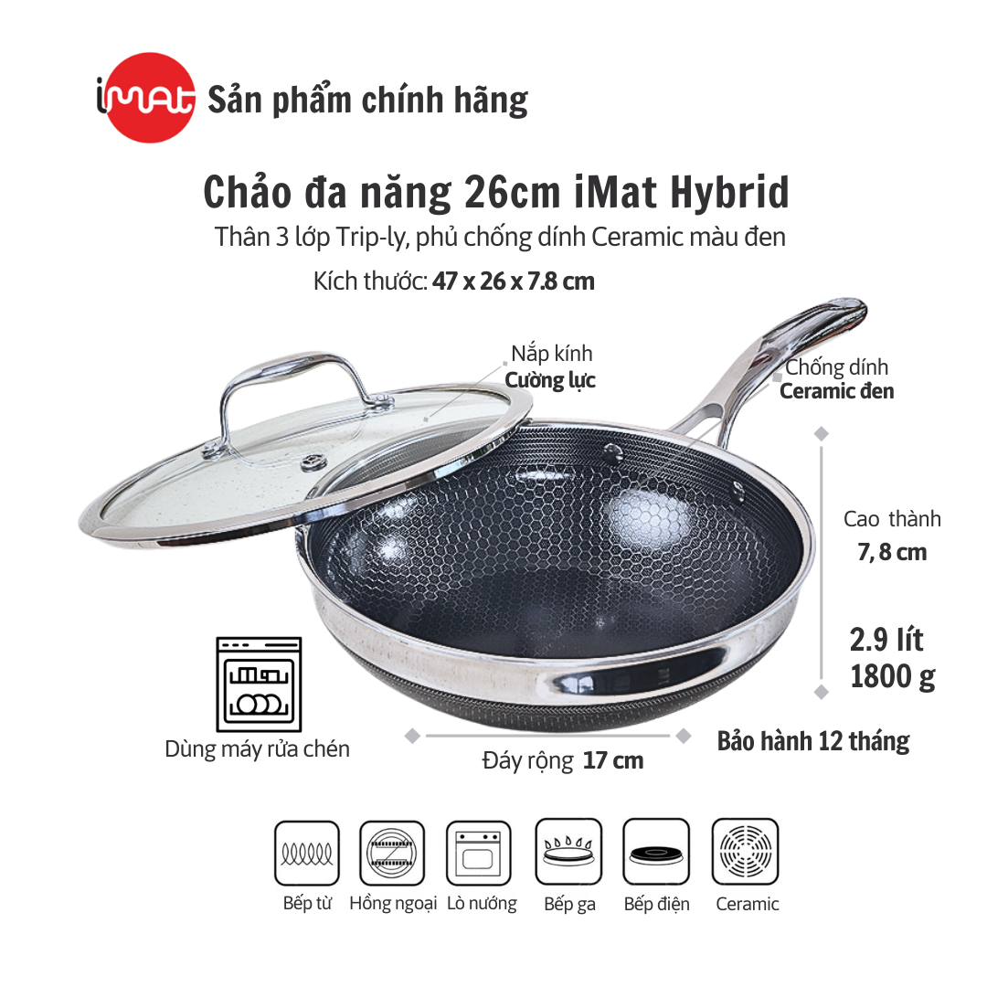 Chảo xào/ đa năng sâu lòng inox iMat Hybrid Blackcube 26cm, Phủ chống dính gốm Ceramic đen thế hệ mới