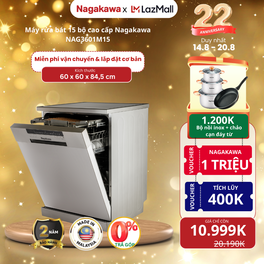 Máy rửa bát 15 bộ cao cấp nagakawa nag3601m15 - bảo hành 2 năm - made in malaysia