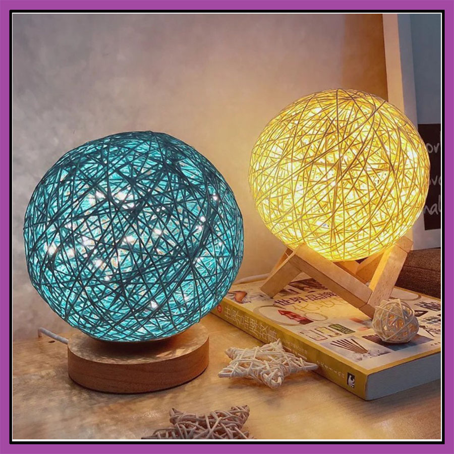 Đèn ngủ để bàn hình cầu mây- Đèn decor phòng điều chỉnh được ánh sáng