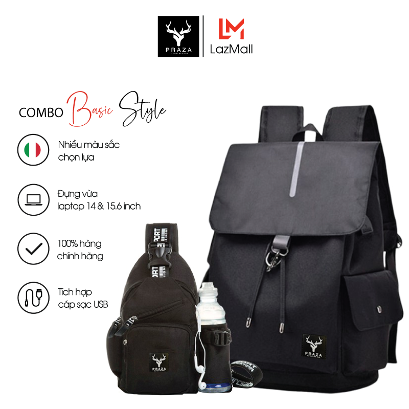 Bộ Balo Học Đường Nam Nữ, Balo Dây Rút Có Cổng Sạc USB, Balo Phối Màu Có Ngăn Đựng Laptop  & Túi Đeo Unisex Đi Học Đi Làm Đi Chơi PRAZA - BL181DC108
