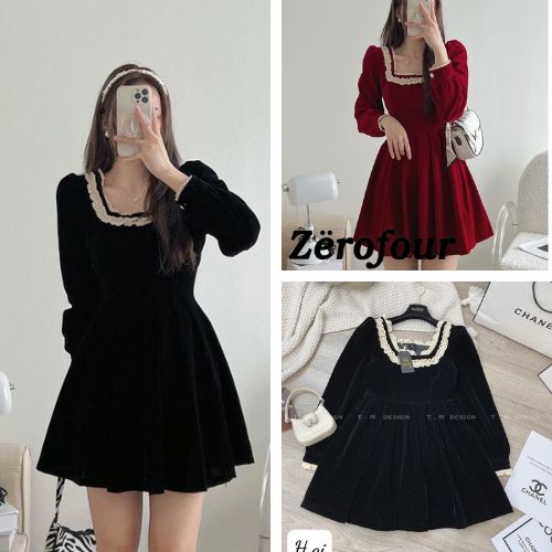 Váy tiểu thư cổ vuông họa tiết viền ren chất nhung qc sang chảnh hàn quốc ZEROFOUR