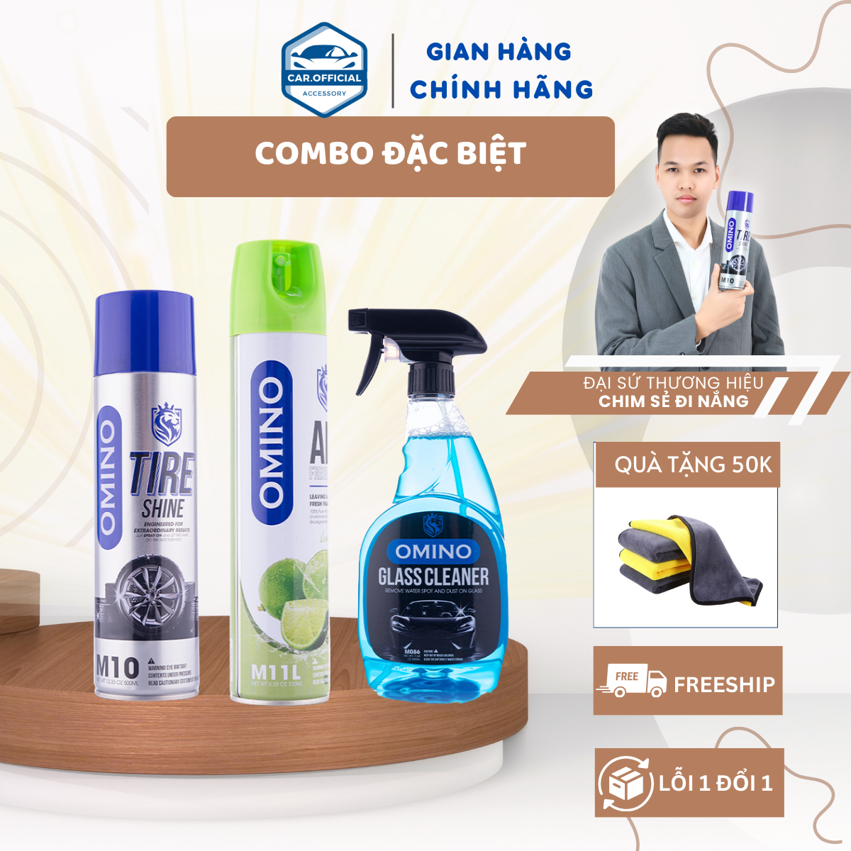 Combo Đặc Biệt Omino Nước Rửa Kính M86 & Xịt Khử Mùi M11 & Xịt Bóng Lốp M10 - Chính Hãng Omino Vietnam