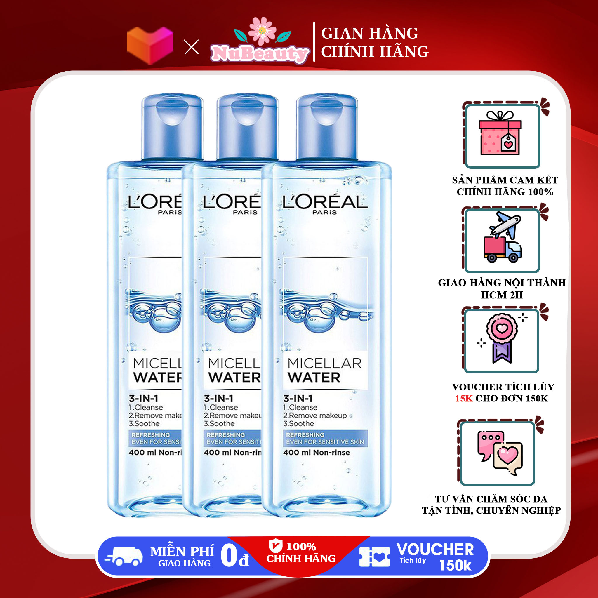 "chính hãng" nước tẩy trang tươi mát l'oreal paris micellar water 400ml