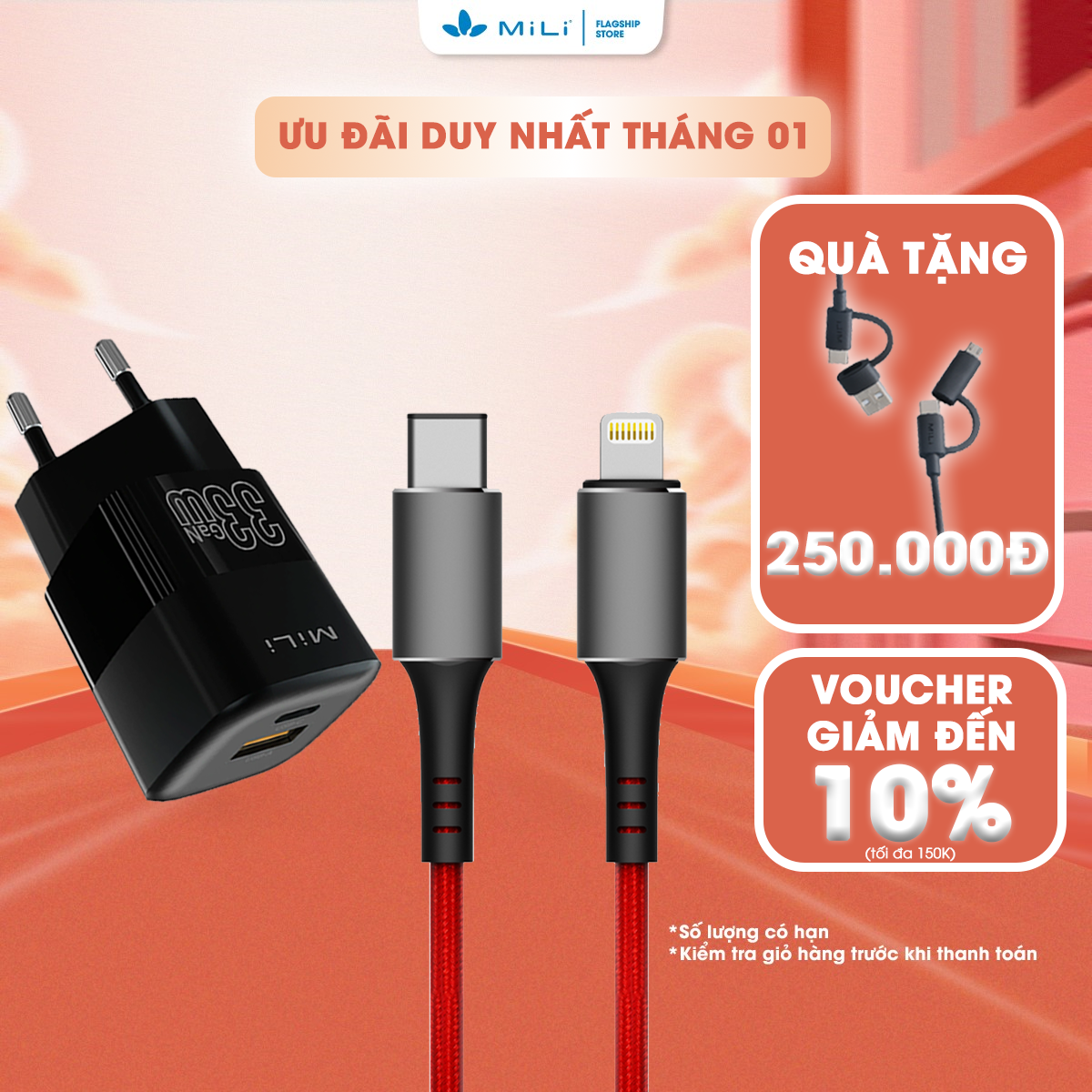 Combo sạc nhanh mili pd33w, cáp sạc usb c to light mili hi-l90rd - bảo hành 2 năm