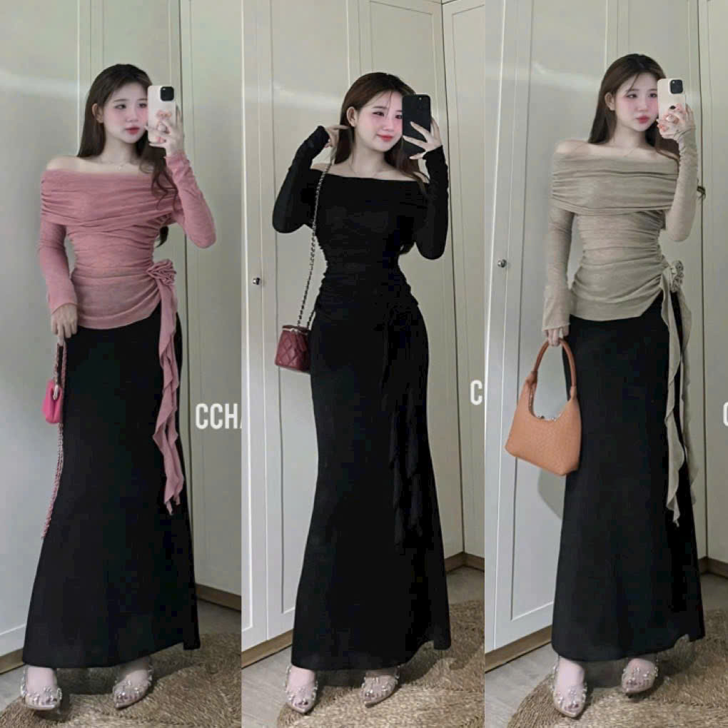 Set váy nữ hot girl áo thun nhũ trễ vai siết eo đính bông tay dài phối chân váy poly đuôi cá cực sang chảnh