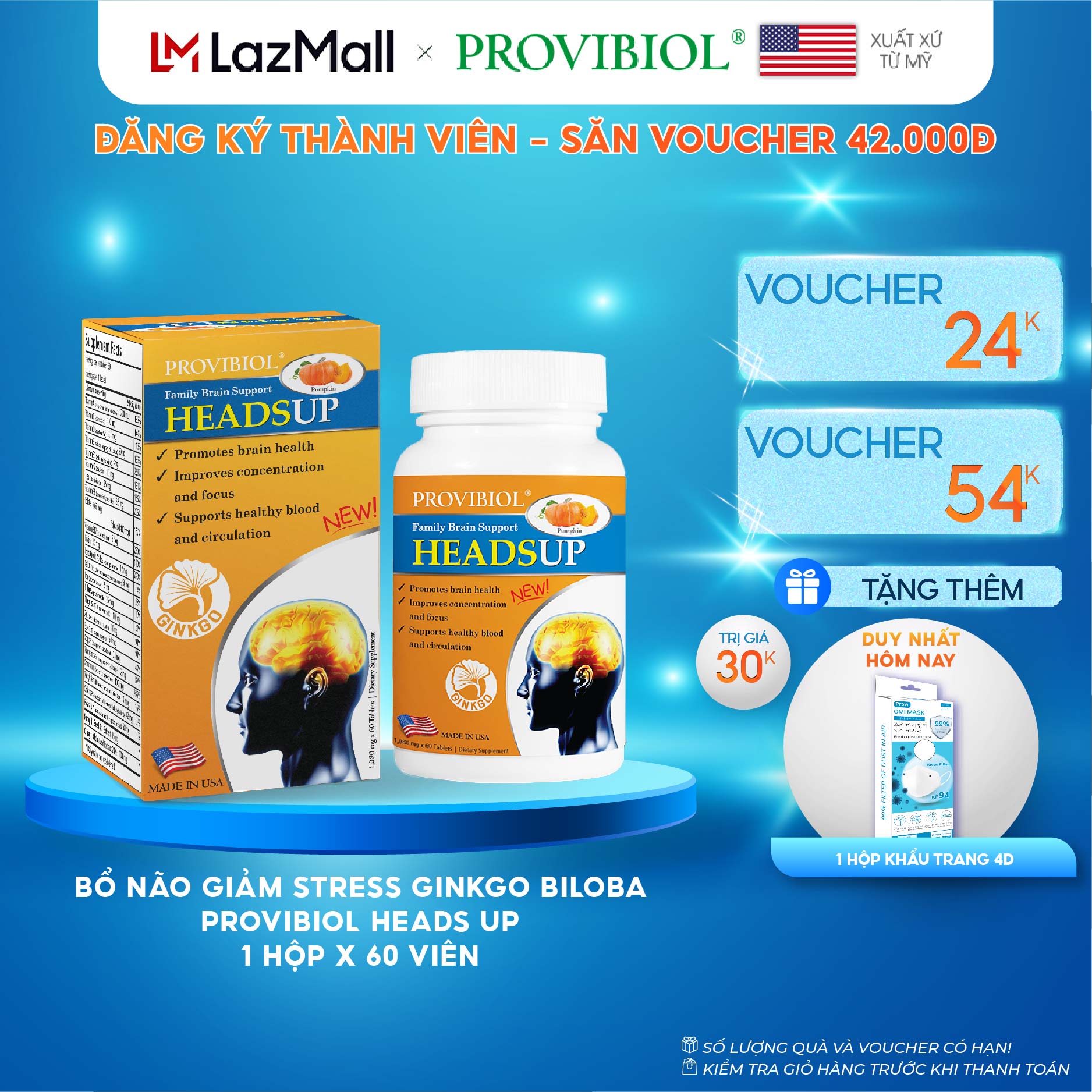 Bổ não giảm stress ginkgo biloba Provibiol Heads Up 60 viên