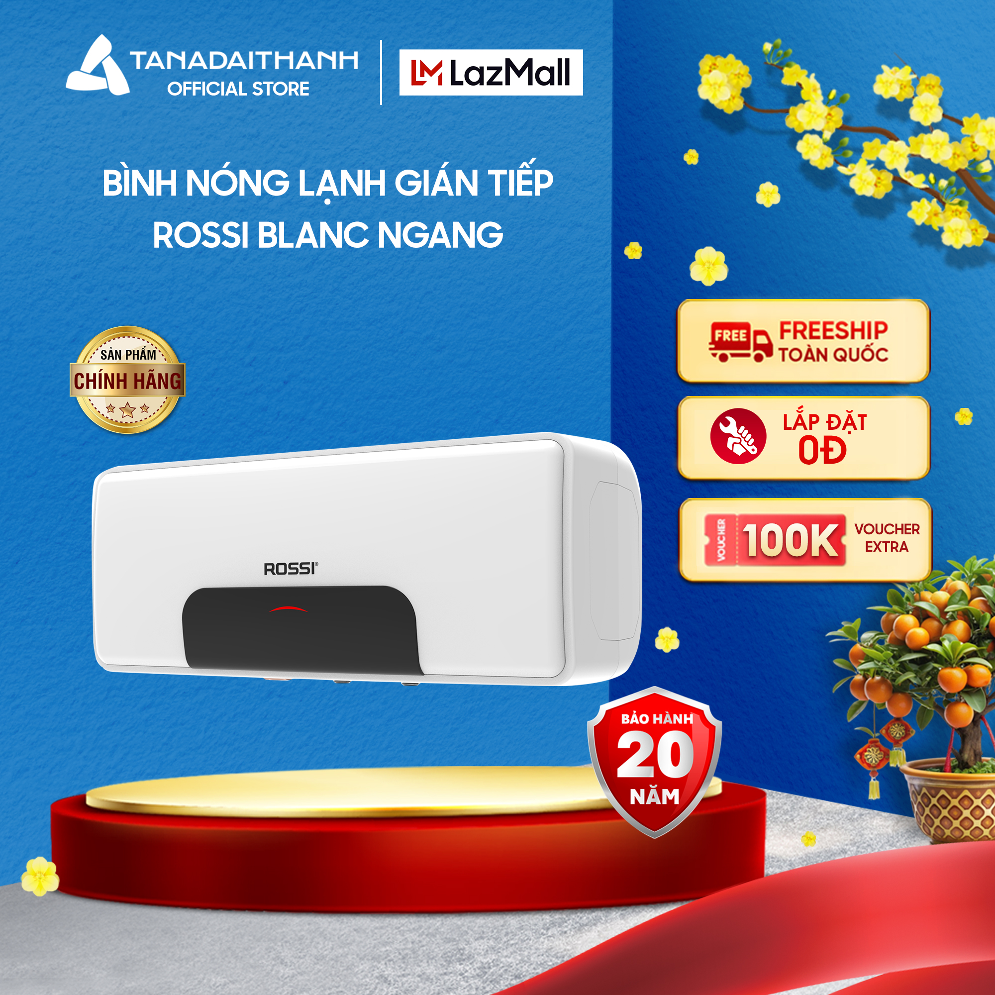 [Voucher 15%] Bình nóng lạnh gián tiếp Rossi Blanc Ngang (15/20/30 Lít) - Chính hãng, Bảo Hành 20 năm