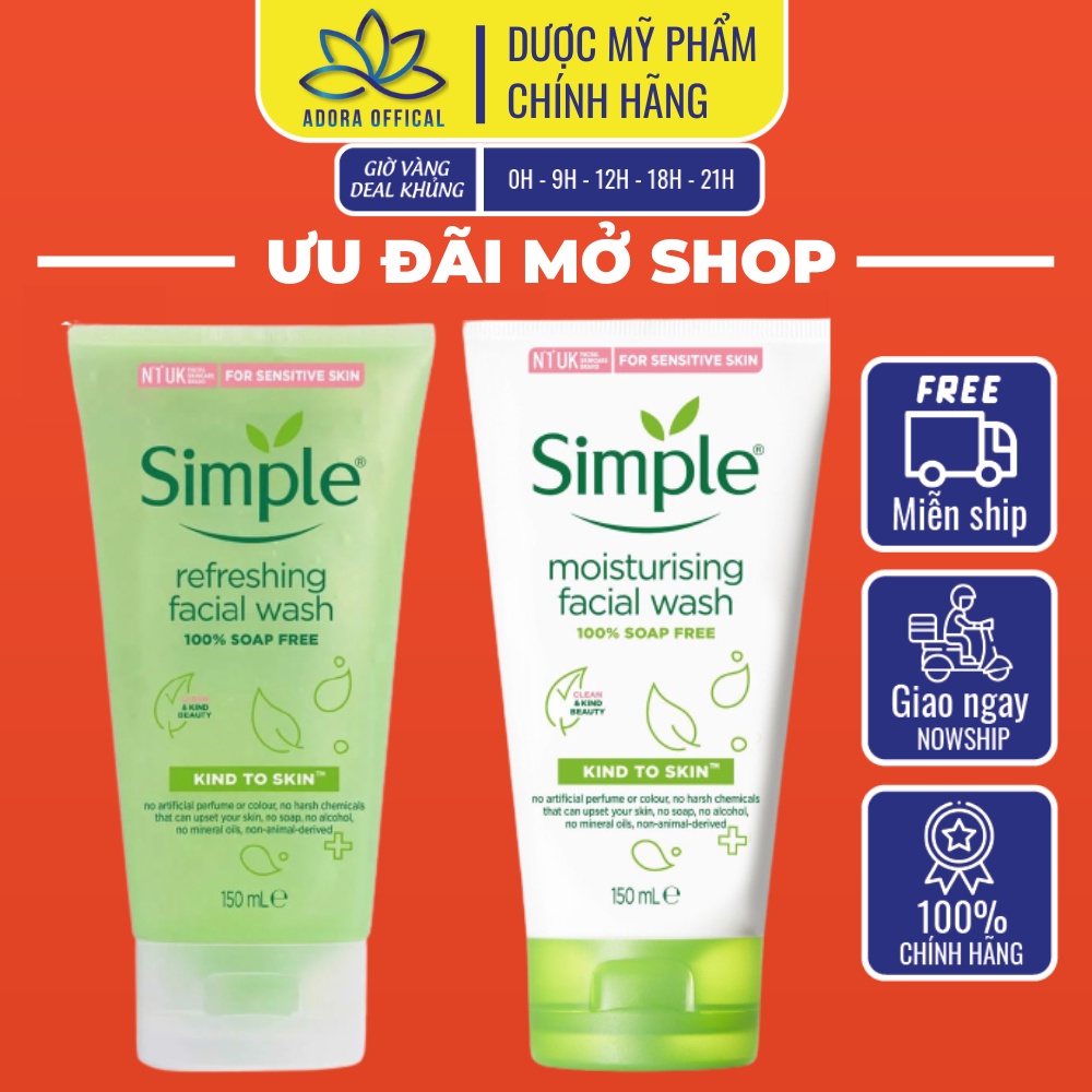 Sữa Rửa Mặt Simple Kind To Skin Moisturising Facial Wash và Refreshing Facial Wash – 150ml