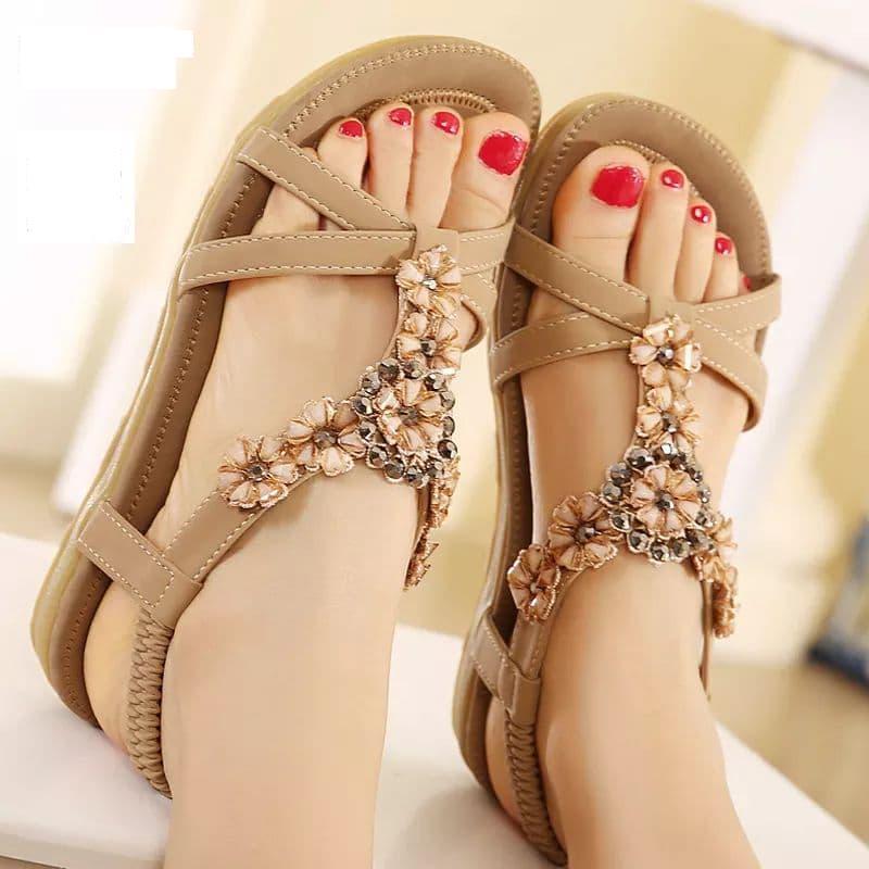 Dép sandal đế bệt quai chéo đính hoa