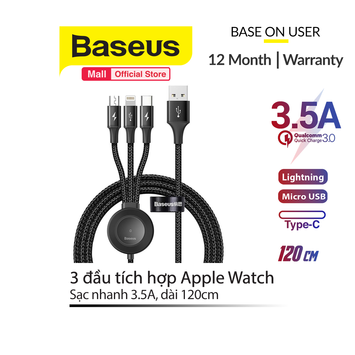 Cáp sạc 3 đầu tích hợp sạc không dây cho Apple Watch Baseus Star Ring Series 4 in 1 Wireless Charging Cable