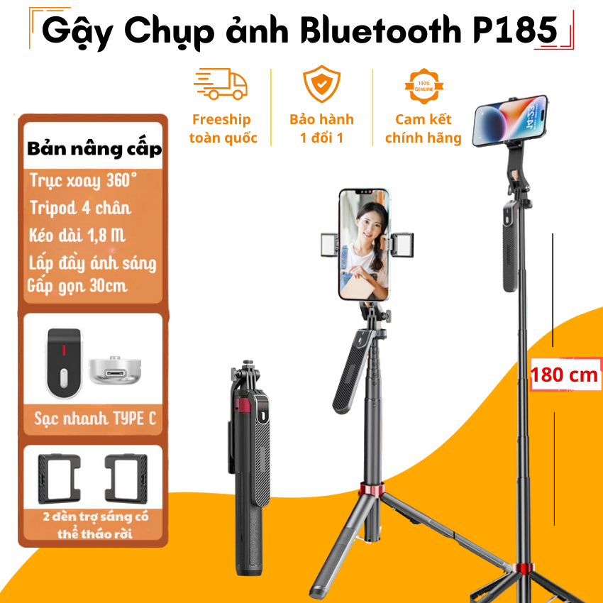 Gậy chụp ảnh 3 chân P185 Chân máy quay điện thoại Giá đỡ điện thoại Livestream quay phim chụp ảnh có remote xoay 360 độ linh hoạt kéo dài 185cm